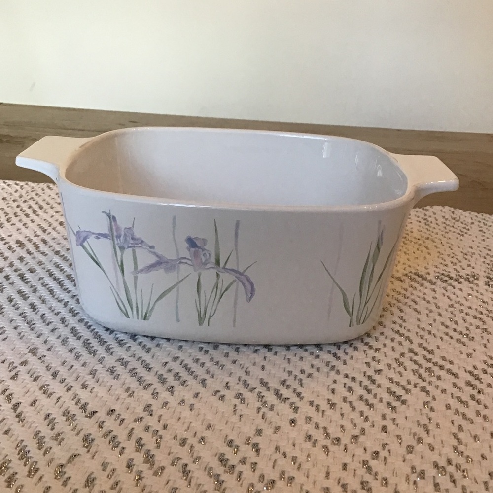 Vintage CorningWare casserole dish in the "Shadow Iris" pattern.